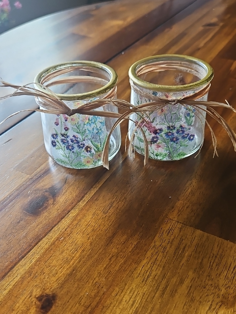 Handcrafted Decopaged Floral Glass Votive Candle Holders - Gold Rim (Set of 2)